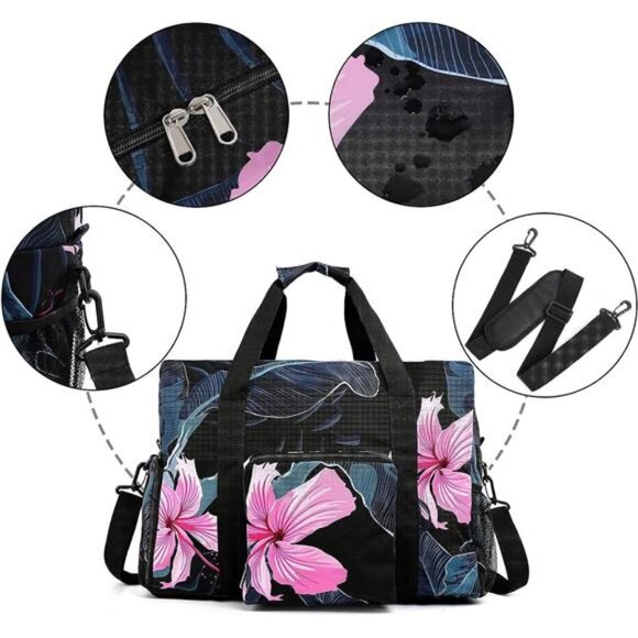 Tropical Floral Print Sports Travel Tote‎ Bag Weekender Duffle Gym Crossbody Bag - Picture 4 of 7